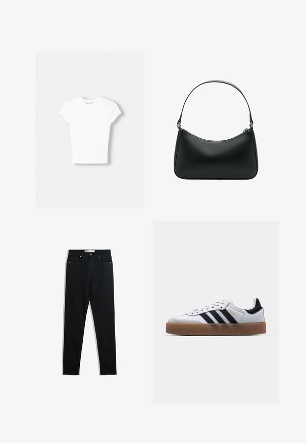 Hvid kortærmet t-shirt lavet af blød bomuld, med rund halsudskæring og en tætsiddende form. Ingen synlige mønstre eller udsmykninger.; Sorte denimjeans med slim fit, fem lommer, metalhardware og lynlås. Glat tekstur med en let stræk.; Hvide lædersneakers med sorte striber, gummirubber sål, rund tå, snørelukning og blød grå ruskinds tåhætte.; Sort læder skuldertaske med en buet form, enkelt fladt rem og lynlås lukning øverst. Glat tekstur med minimale hardware detaljer.