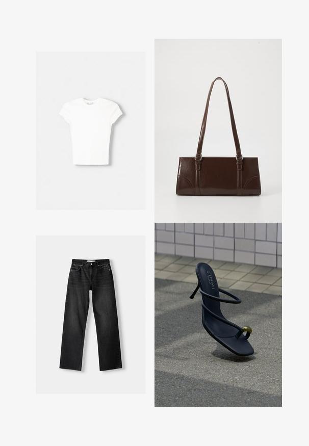 T-shirt blanc à manches courtes en coton doux, avec un col rond et une coupe ajustée. Pas de motifs ni d'ornements visibles.; Bershka Jean droit - mottled dark grey; Sandale à talon noire avec brides et un anneau d'orteil orné d'une perle dorée, flottant au-dessus d'un sol texturé et d'un mur carrelé en arrière-plan.; Sac à main en cuir verni marron de forme rectangulaire, avec deux longues poignées et des accents courbés subtils à l'avant.