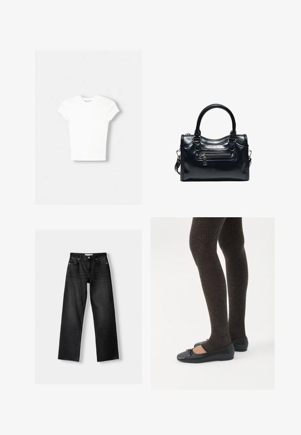 Hvid kortærmet t-shirt lavet af blød bomuld, med rund halsudskæring og en tætsiddende form. Ingen synlige mønstre eller udsmykninger.; Bershka Jeans Straight Leg - mottled dark grey; Ben iført mørke ribbede leggings kombineret med sorte balletsko med små sløjfedetaljer på hvid baggrund.; Sort skinnende læderhåndtaske med to håndtag, lynlåslomme foran og aftagelig skulderrem på hvid baggrund.