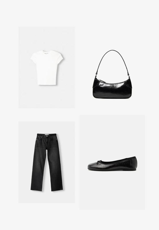Witte t-shirt met korte mouwen van zachte katoen, met een ronde halslijn en een getailleerde vorm. Geen zichtbare patronen of versieringen.; Bershka Straight leg jeans - mottled dark grey; Zwarte glanzende leren ballerina met lage hak en kleine decoratieve strik aan de voorkant, zijaanzicht op een effen lichte achtergrond.; Zwarte glanzende leren schoudertas met één ritssluitingvak en een dunne band die in een boogvorm is gebogen.