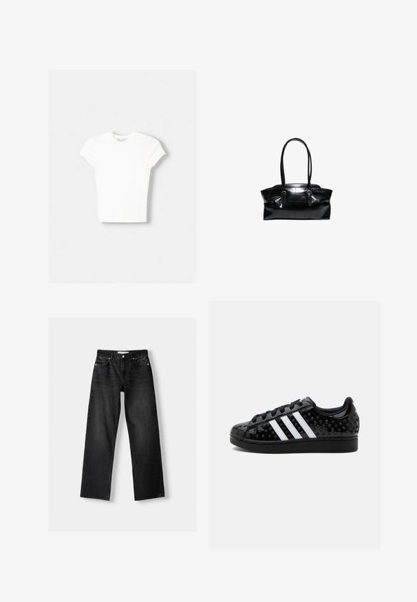 T-shirt blanc à manches courtes en coton doux, avec un col rond et une coupe ajustée. Pas de motifs ni d'ornements visibles.; Bershka Jean droit - mottled dark grey; Baskets noires Adidas avec des bandes blanches, texturées avec des motifs en relief d'étoiles et de points, et des lacets noirs sur un fond uni.; Sac à main en cuir noir avec deux longues anses et des détails à boucle, avec un motif quadrillé texturé sur la surface.