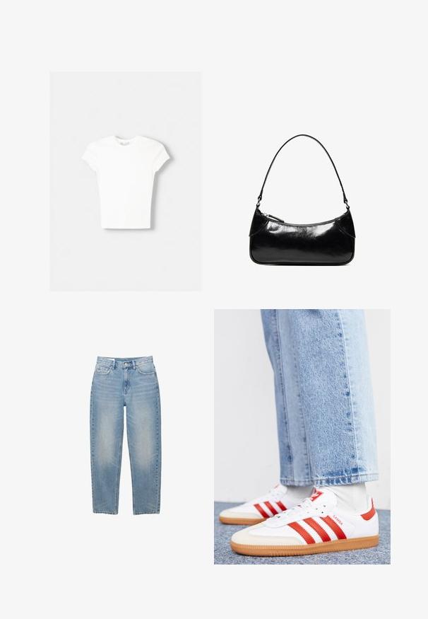Weißes kurzärmliges T-Shirt aus weicher Baumwolle, mit Rundhalsausschnitt und figurbetonter Form. Keine sichtbaren Muster oder Verzierungen.; Hellblaue gerade geschnittene Jeans mit Knopf, Reißverschluss und fünf Taschen, auf weißem Hintergrund dargestellt.; Weiße Leder Sneaker mit roten Streifen und Akzenten. Verfügt über eine strukturierte Gummi-Laufsohle und einen gepolsterten Schaft. Tragen mit hellblauer Jeans.; Schwarze, glänzende Lederschultertasche mit einem einzelnen Reißverschlussfach und einem dünnen, bogenförmig gebogenen Träger.
