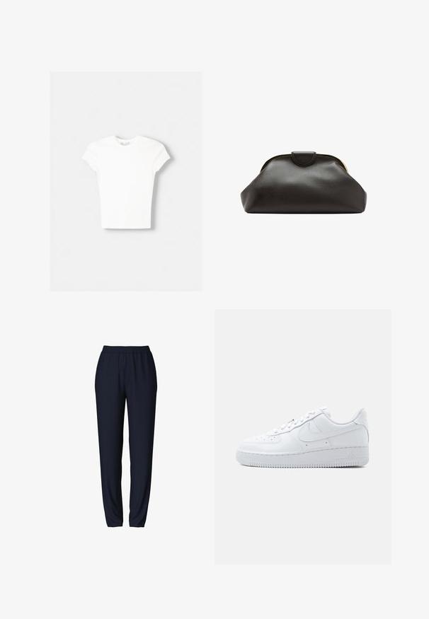 Hvid kortærmet t-shirt lavet af blød bomuld, med rund halsudskæring og en tætsiddende form. Ingen synlige mønstre eller udsmykninger.; Marineblå sweatpants med elastisk talje, slank benudformning og glat tekstur. Velegnet til afslappet eller atletisk brug.; Hvid Nike Air Force 1 sneaker med lavt snit, snørelukning, perforeret tåboks og karakteristisk Swoosh-logo på siden.; Blød sort læder clutch taske med en rundet ramme og en lille lukning i toppen midt på.