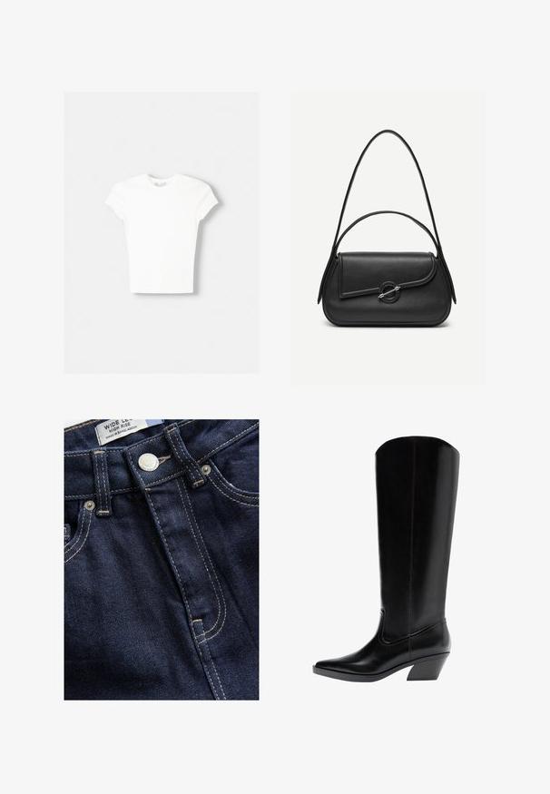 T-shirt blanc à manches courtes en coton doux, avec un col rond et une coupe ajustée. Pas de motifs ni d'ornements visibles.; Next WIDE - Wide Leg - rinse; Botte haute en cuir noir de style occidental avec un bout pointu et un talon bloc incliné, orientée vers la gauche sur fond blanc.; Sac à main en cuir noir avec bords arrondis, rabat asymétrique, fermoir circulaire en métal, et des bandoulières courtes et longues.