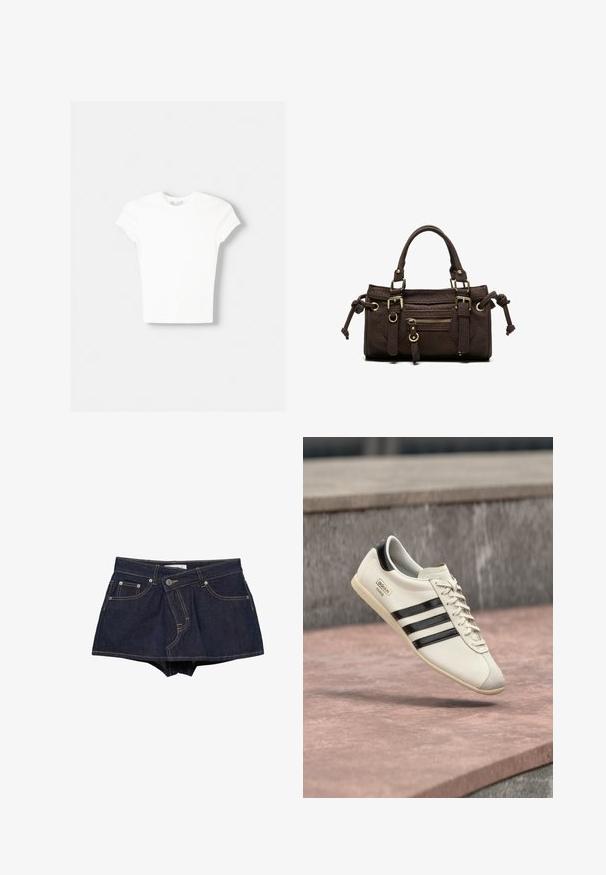 T-shirt blanc à manches courtes en coton doux, avec un col rond et une coupe ajustée. Pas de motifs ni d'ornements visibles.; Mini-jupe en denim bleu foncé avec poches avant, passants de ceinture et surpiqûres jaunes visibles sur fond blanc.; Baskets blanches Adidas avec des rayures noires et une semelle beige, flottant au-dessus d'une surface en béton rosâtre et d'un fond en pierre grise.; Sac à main en cuir marron foncé avec double poignée, poche avant zippée, boucles décoratives et nœuds latéraux sur fond blanc.