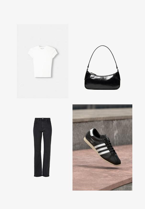 T-shirt blanc à manches courtes en coton doux, avec un col rond et une coupe ajustée. Pas de motifs ni d'ornements visibles.; Jean noir à jambe droite, taille haute, en denim, avec une fermeture à bouton à l'avant et un design à cinq poches avec des détails de couture subtils.; Baskets en cuir noir avec des rayures blanches et une semelle blanche, lacées, flottant au-dessus d'une surface en béton rosée avec un mur en pierre grise en arrière-plan.; Sac à épaule en cuir noir brillant avec un seul compartiment zippé et une fine bandoulière arquée.