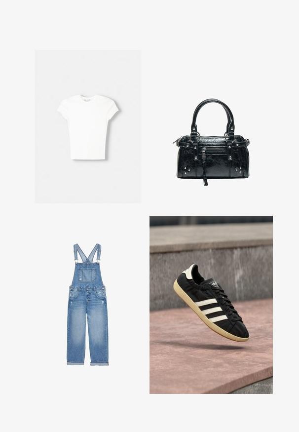 T-shirt blanc à manches courtes en coton doux, avec un col rond et une coupe ajustée. Pas de motifs ni d'ornements visibles.; Salopette en jean bleu clair avec bretelles ajustables, poche avant et détails usés sur les jambes. Coupe pattes larges avec ourlet brut.; Baskets Adidas noires avec des bandes blanches et une semelle beige, capturées en plein air au-dessus d'une surface en pierre et d'un mur en pierre en arrière-plan.; Sac à main en cuir noir avec deux poignées, poche avant zippée, clous argentés et surface texturée isolée sur fond blanc.