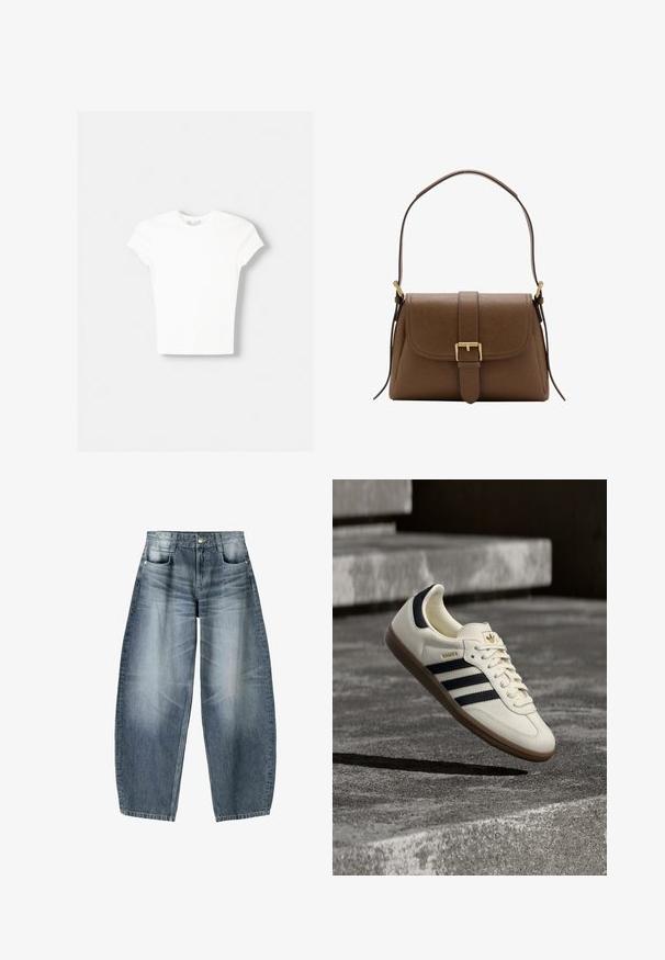 T-shirt blanc à manches courtes en coton doux, avec un col rond et une coupe ajustée. Pas de motifs ni d'ornements visibles.; Jean large en denim bleu clair avec décoloration, présentant un design à cinq poches, un bouton de fermeture et des détails de couture minimaux.; Baskets blanches Adidas Samba avec des bandes noires et une semelle en gomme, flottant au-dessus de marches en béton gris texturé.; Sac à bandoulière en cuir marron avec rabat avant et boucle dorée, disposant d'une bandoulière réglable avec ferrures dorées sur fond blanc.