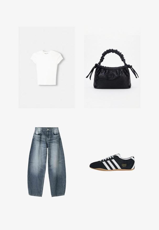 T-shirt blanc à manches courtes en coton doux, avec un col rond et une coupe ajustée. Pas de motifs ni d'ornements visibles.; Jean large en denim bleu clair avec décoloration, présentant un design à cinq poches, un bouton de fermeture et des détails de couture minimaux.; Sneakers en suede noir avec trois bandes blanches, logo doré et semelle en caoutchouc marron. Présente un design à lacets à profil bas.; Sac à main noir avec texture crocodile, bord supérieur froncé, poignée plissée et pompons à cordon de chaque côté sur fond blanc.