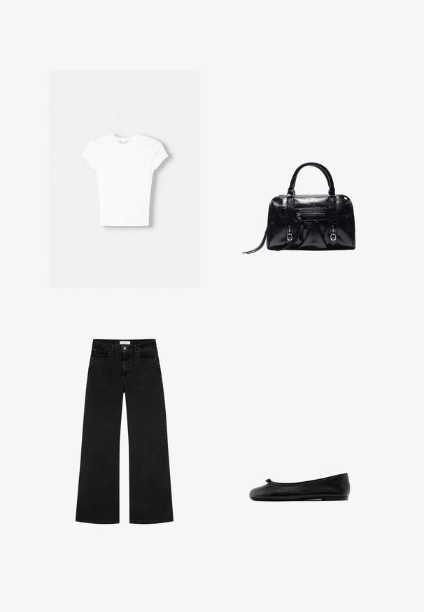 T-shirt blanc à manches courtes en coton doux, avec un col rond et une coupe ajustée. Pas de motifs ni d'ornements visibles.; Jean large noir taille haute avec poches avant et poches à monnaie, fermeture à bouton et passants de ceinture.; Ballerine en cuir noir avec un petit nœud sur l'embout arrondi et un talon plat bas sur fond blanc.; Sac à main en cuir noir brillant avec deux poignées, poche zippée à l'avant, détails avec boucle et bandoulière pour poignet sur fond blanc.