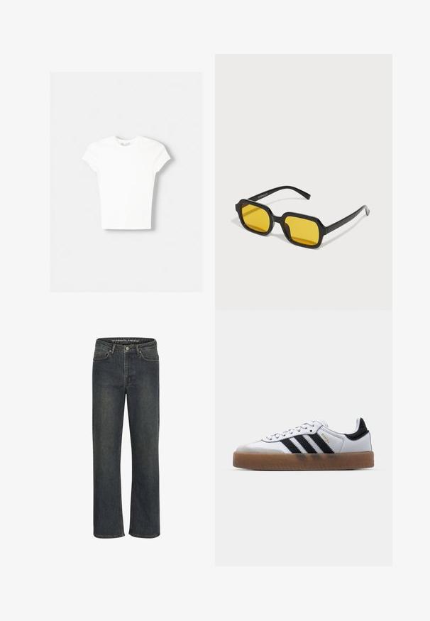 Witte t-shirt met korte mouwen van zachte katoen, met een ronde halslijn en een getailleerde vorm. Geen zichtbare patronen of versieringen.; Donkerblauwe recht-been jeans van denim stof, met een middelhoge taille, vijf zakken en subtiele stiksels langs de naden.; Witte leren sneakers met zwarte strepen, gumrubberen buitenzool, ronde neus, vetersluiting en een zachte grijze suède neuskap.; Zwarte rechthoekige zonnebril met gele lenzen. Kenmerken zijn onder andere dikke monturen en een hoekig ontwerp met een gladde, glanzende afwerking.