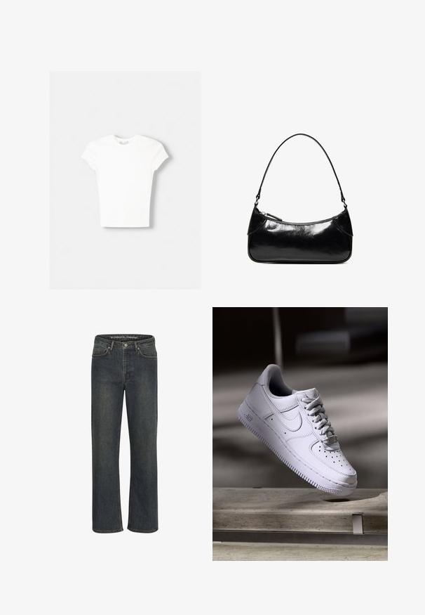 Witte t-shirt met korte mouwen van zachte katoen, met een ronde halslijn en een getailleerde vorm. Geen zichtbare patronen of versieringen.; Donkerblauwe recht-been jeans van denim stof, met een middelhoge taille, vijf zakken en subtiele stiksels langs de naden.; Witte Nike Air Force 1 sneaker die zweeft boven een betonnen oppervlak met schaduwen in een minimalistische setting.; Zwarte glanzende leren schoudertas met één ritssluitingvak en een dunne band die in een boogvorm is gebogen.