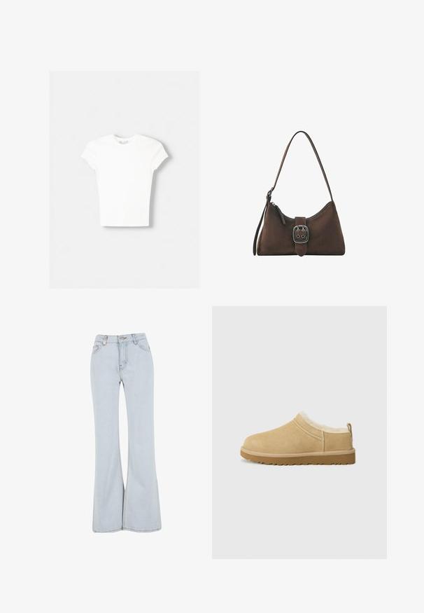Hvid kortærmet t-shirt lavet af blød bomuld, med rund halsudskæring og en tætsiddende form. Ingen synlige mønstre eller udsmykninger.; Lyseblå udsvingende jeans lavet af denim med høj talje, fem lommer og kontrasterende syninger langs sømmene.; Suede slip-on sko i lys tan, med en blød pelsforing og tekstureret gummisål med en let hæl og bagestrop for nem påklædning.; Lille brun skuldertaske med sølvspænde og lynlås, med en enkelt strop til at bære.