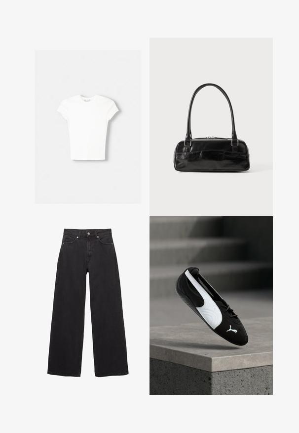 T-shirt blanc à manches courtes en coton doux, avec un col rond et une coupe ajustée. Pas de motifs ni d'ornements visibles.; Jeans larges noirs en denim, avec une taille haute, cinq poches, une fermeture à bouton et des détails de couture discrets.; Baskets Puma noir et blanc avec lacets flottant au-dessus d'un rebord en béton sur un fond flou d'escaliers gris.; Sac à main en cuir noir de forme rectangulaire, doté d'une seule ansse structurée, de quincaillerie argentée et d'une fermeture éclair. Texture lisse.