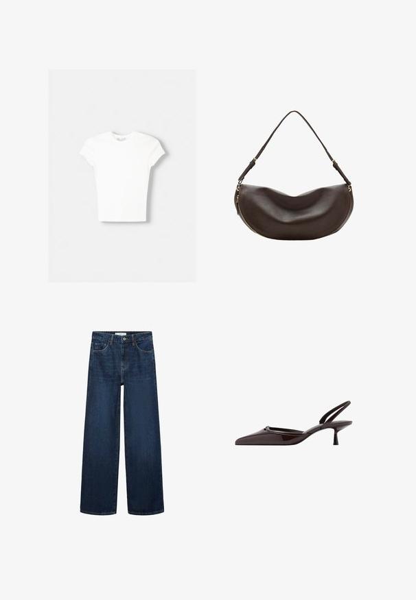 Weißes kurzärmliges T-Shirt aus weicher Baumwolle, mit Rundhalsausschnitt und figurbetonter Form. Keine sichtbaren Muster oder Verzierungen.; Weite dunkelblaue Denim-Jeans mit hoher Taille, ausgestattet mit fünf Taschen und einer klassischen Knopfschließe. Glatte Textur und gerader Schnitt.; Dunkelbrauner Lackleder-Slingback-Pumps mit spitz zulaufender Kappe und niedrigem Kittenabsatz vor weißem Hintergrund.; Dunkelbraune Leder-Schultertasche mit geschwungener Form, verstellbarem Riemen und goldenem Reißverschluss entlang des unteren Randes.