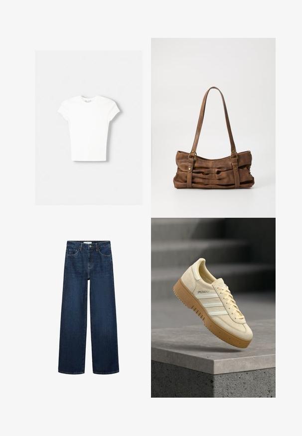 Weißes kurzärmliges T-Shirt aus weicher Baumwolle, mit Rundhalsausschnitt und figurbetonter Form. Keine sichtbaren Muster oder Verzierungen.; Weite dunkelblaue Denim-Jeans mit hoher Taille, ausgestattet mit fünf Taschen und einer klassischen Knopfschließe. Glatte Textur und gerader Schnitt.; Beiger Wildledersneaker mit Gummisohle, weißen Streifen und "SPEZIAL"-Markenaufdruck, schwebend über einer grauen, gestuften Betonfläche.; Even&Odd Handtasche - brown