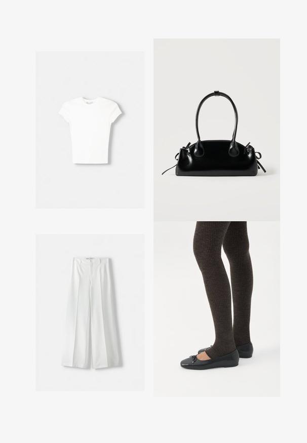T-shirt blanc à manches courtes en coton doux, avec un col rond et une coupe ajustée. Pas de motifs ni d'ornements visibles.; Pantalons amples blancs avec une taille haute, un pli central et une fermeture à bouton classique. Fabriqués dans un tissu lisse avec un design ajusté.; Jambes portant des leggings côtelés foncés associés à des ballerines noires avec de petits détails en nœud sur fond blanc.; Petit sac à main noir brillant avec deux longues anses et des détails à cordon sur les côtés sur un fond clair uni.