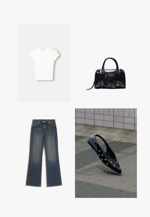 T-shirt blanc à manches courtes en coton doux, avec un col rond et une coupe ajustée. Pas de motifs ni d'ornements visibles.; Jean droit en denim bleu foncé avec poches avant, passants pour ceinture et fermeture par bouton, présentant une légère décoloration sur les cuisses.; Chaussure slingback noire à bout pointu avec des clous argentés, flottant au-dessus d'un bitume près d'un mur carrelé en arrière-plan.; Sac à main en cuir noir brillant avec deux poignées, poche zippée à l'avant, détails avec boucle et bandoulière pour poignet sur fond blanc.
