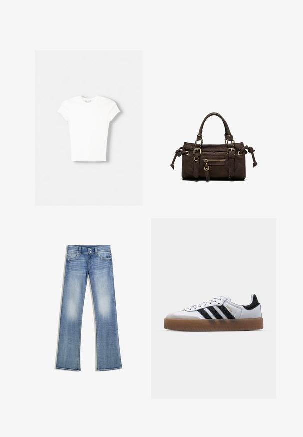 Hvid kortærmet t-shirt lavet af blød bomuld, med rund halsudskæring og en tætsiddende form. Ingen synlige mønstre eller udsmykninger.; Lyseblå bootcut-jeans med falmet vask, fem lommer, bæltestropper og lukning med dobbelte knapper, lagt fladt ud på en hvid baggrund.; Hvide lædersneakers med sorte striber, gummirubber sål, rund tå, snørelukning og blød grå ruskinds tåhætte.; Mørkebrun læderhåndtaske med dobbelte håndtag, forreste lynlåslomme, dekorative spænder og sideknuder på hvid baggrund.