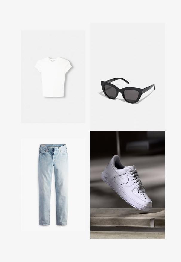 Weißes kurzärmliges T-Shirt aus weicher Baumwolle, mit Rundhalsausschnitt und figurbetonter Form. Keine sichtbaren Muster oder Verzierungen.; Hellblaue Jeans aus Denim mit geradem Bein, fünf Taschen und Metallknöpfen am Standardbund.; Weißer Nike Air Force 1 Sneaker schwebt über einer Betonoberfläche mit Schatten in einem minimalistischen Umfeld.; Schwarze Cat-Eye-Sonnenbrille mit matter Oberfläche, grauen getönten Gläsern, scharfen Kanten und schlanken Bügeln. Der Markenname ist auf dem inneren Bügel sichtbar.