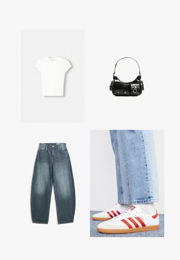 Witte t-shirt met korte mouwen van zachte katoen, met een ronde halslijn en een getailleerde vorm. Geen zichtbare patronen of versieringen.; Lichtblauwe denim wijde pijpen jeans hebben een hoge taille, vijf zakken, subtiele vervaging en stikselaccenten langs de naden.; Witte leren sneakers met rode strepen en accenten. Voorzien van een getextureerde gumrubberen outsole en een gevoerde kraag. Draag ze met lichtblauwe denim.; Zwarte laarzen in lakleer met een gebogen vorm, één schouderband, voorvakken en accenten in zilverkleurig metaal.