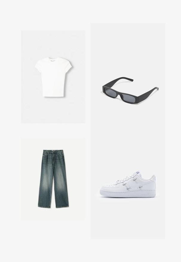Hvid kortærmet t-shirt lavet af blød bomuld, med rund halsudskæring og en tætsiddende form. Ingen synlige mønstre eller udsmykninger.; Bredde ben denim jeans i falmet blå vask, med fem lommer, knaplukning og subtile slidser foran.; Nike Sportswear AIR FORCE 1 - Sneakers - white/hyper royal/black; Sorte rektangulære solbriller med mørke linser og tykke matte stel. Armen er let tilspidset med en glat overflade.