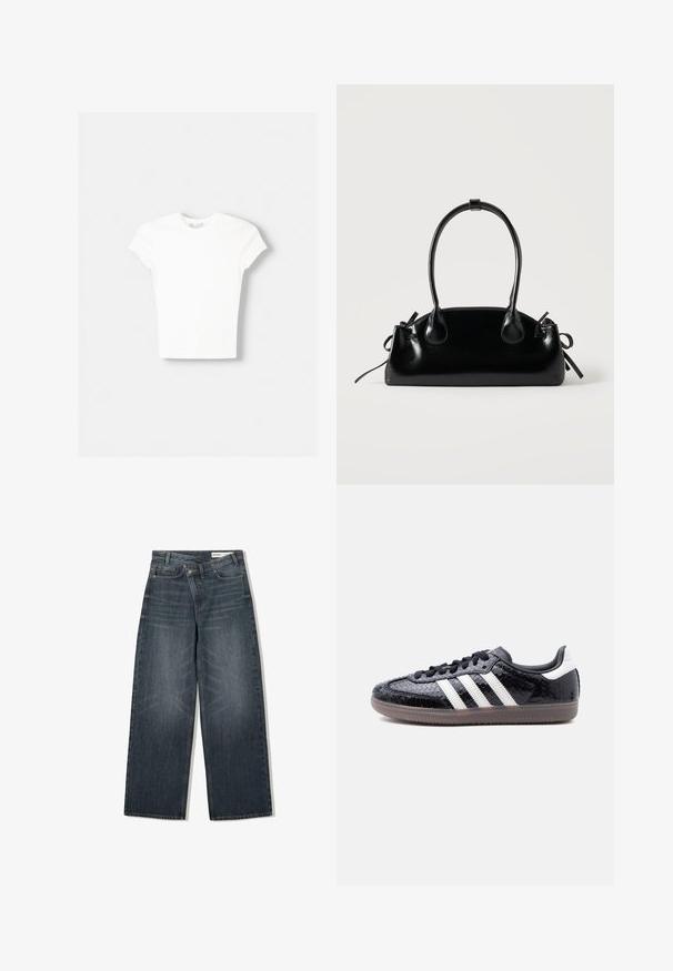 Hvid kortærmet t-shirt lavet af blød bomuld, med rund halsudskæring og en tætsiddende form. Ingen synlige mønstre eller udsmykninger.; Mørk vaskede denim jeans med en bred benudskæring, der har høj talje, fem lommer og diskrete slidser på forsiden.; Lavprofils sort sneaker med tekstureret slangeskindsmønster, hvide striber på siden, sorte snørebånd og en gennemsigtig brun sål.; Lille sort blank håndtaske med to lange håndtag og snøre-detaljer i siden på en ensfarvet lys baggrund.