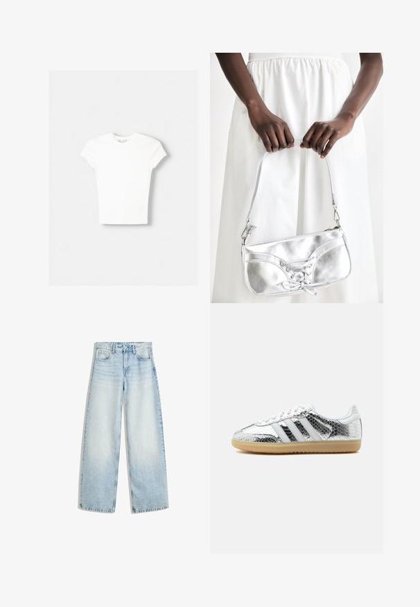 Hvid kortærmet t-shirt lavet af blød bomuld, med rund halsudskæring og en tætsiddende form. Ingen synlige mønstre eller udsmykninger.; Lyseblå denim bukser med vid ben, høj talje, fem lommer, knaplukning og en falmet finish. Har lige, løse ben.; Lav top sneaker med sølvmetalisk slangeskind tekstur, hvide striber, hvide snørebånd og lys gummisål på hvid baggrund.; Sølvmetallic håndtaske med snøredetaljer, der har et slankt design og en kort strop. Tasken holdes i hænderne for at fremvise dens tekstur.