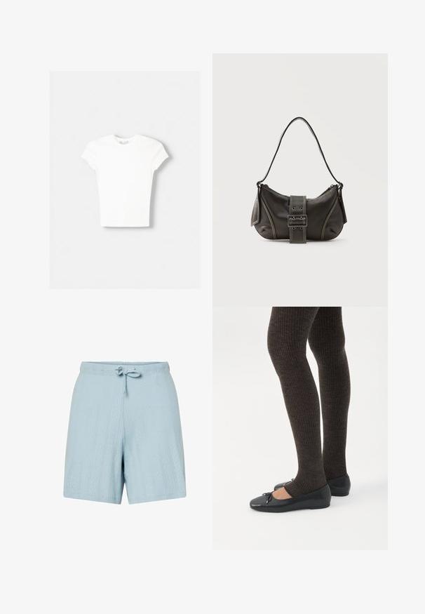 Witte t-shirt met korte mouwen van zachte katoen, met een ronde halslijn en een getailleerde vorm. Geen zichtbare patronen of versieringen.; Lichtblauwe katoenen shorts met een gestructureerd patroon, een trekkoord in de taille en een ontspannen pasvorm. Beschikt over diagonale strepen en subtiele diamantvormen.; Benen met donkere geribbelde leggings gecombineerd met zwarte ballerina's met kleine strikdetails op een witte achtergrond.; Zwarte leren schoudertas met gespsluiting aan de riem, afgeronde hoeken en contrasterende witte stiksels op een effen achtergrond.