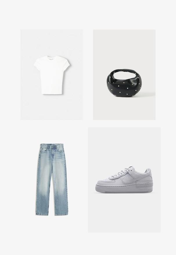 Witte t-shirt met korte mouwen van zachte katoen, met een ronde halslijn en een getailleerde vorm. Geen zichtbare patronen of versieringen.; Lichtblauwe denim jeans, hoog in de taille, met een recht model. Bevat klassieke vijf-pocket styling en subtiele vervaging aan de voorkant.; Grijze Nike Air Force 1 sneaker met geperforeerde neus, glad leren bovenwerk, dikke zool en verhoogde 'AIR' details op de hiel.; Zwarte leren handtas met een afgeronde vorm, versierd met zilveren studs, en een korte handgreep. Gladde textuur en ritsluiting.
