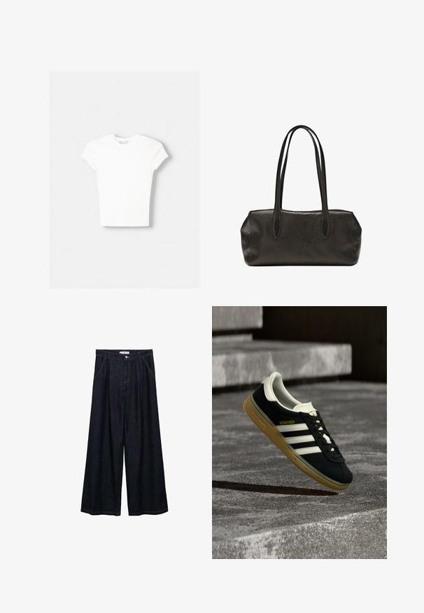 Weißes kurzärmliges T-Shirt aus weicher Baumwolle, mit Rundhalsausschnitt und figurbetonter Form. Keine sichtbaren Muster oder Verzierungen.; Dunkelblaue, weite High-Waist-Hosen aus Denim mit einem Knopfverschluss vorne, zwei Seitentaschen und Nähdetails.; Schwarzer Adidas München Sneaker mit weißen Streifen und brauner Gummisohle, der über strukturierten Betontreppen schwebt.; Schwarze Leder-Handtasche in rechteckiger Form mit langen, doppelten Schulterriemen und strukturierter Oberfläche, dargestellt vor einem schlichten weißen Hintergrund.