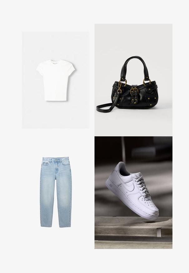 Hvid kortærmet t-shirt lavet af blød bomuld, med rund halsudskæring og en tætsiddende form. Ingen synlige mønstre eller udsmykninger.; Lyseblå jeans med høj talje og lige ben med forreste knap, lynlås lukning, bæltestropper og fem-lomme-design på hvid baggrund.; Hvid Nike Air Force 1 sneaker svævende over en betonoverflade med skygger i et minimalistisk miljø.; Sort læderhåndtaske med guldbælge og nitdetaljer, korte håndtag og en justerbar skulderrem på en ensfarvet hvid baggrund.