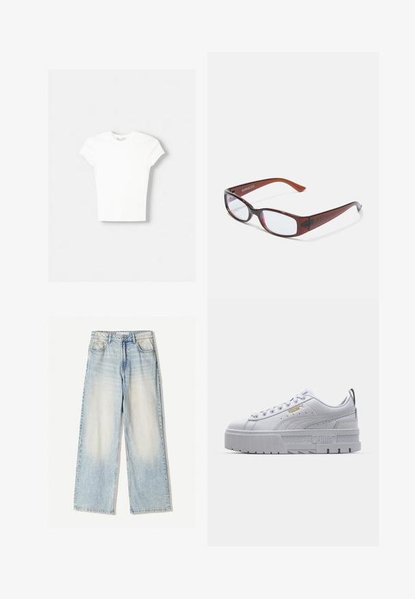 T-shirt blanc à manches courtes en coton doux, avec un col rond et une coupe ajustée. Pas de motifs ni d'ornements visibles.; Pantalons en denim bleu clair avec une jambe large, comportant cinq poches, un léger délavage et des coutures visibles le long des coutures.; Baskets plateformes blanches avec une tige en cuir lisse, un col rembourré, une semelle en caoutchouc grise et des accents dorés arborant le logo Puma.; Lunettes rectangulaires teintées de brun avec une finition brillante, dotées de branches fines et de verres transparents. Logo visible sur la branche gauche.