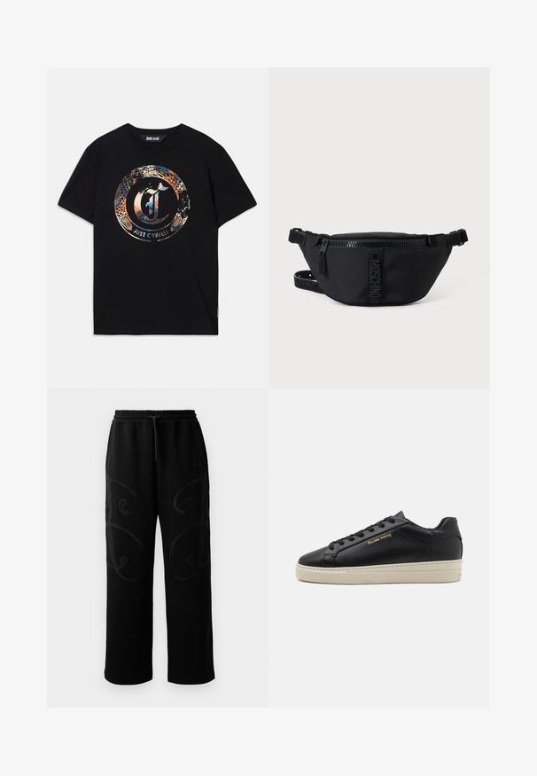 Camiseta negra de manga corta con diseño de serpiente circular multicolor y logo estilizado de "J", etiquetada como "Just Cavalli" en la parte frontal.; Pantalones de chándal negros con corte relajado, que presentan patrones de costura en espiral intrincados a lo largo de los laterales y una cintura elástica con cordón ajustable.; Zapatilla de cuero negra con un acabado suave, suela crema en contraste, puntera redonda, logo dorado en el lateral y seis ojales para los cordones.; Bolsa de cintura negra Moschino con cremallera frontal y correa ajustable sobre un fondo liso claro.