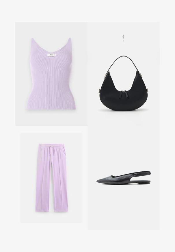 Lila geribbeld mouwloos topje met een V-hals en een aansluitend design. Het materiaal lijkt zacht met verticale textuurdetails. Merklabel zichtbaar.; Lichtpaarse sweatpants met rechte pijpen, een elastische tailleband, verstelbare trekkoorden en ritszakken aan de zijkanten.; Zwart leren platte schoen met spitse neus, slingback en lage hak met verstelbare riem op lichte achtergrond.; Zwarte lederen handtas met een gebogen vorm, ritssluiting, twee zwarte franjes en zilverkleurige hardware accenten, inclusief een unieke bevestigingsdetail.