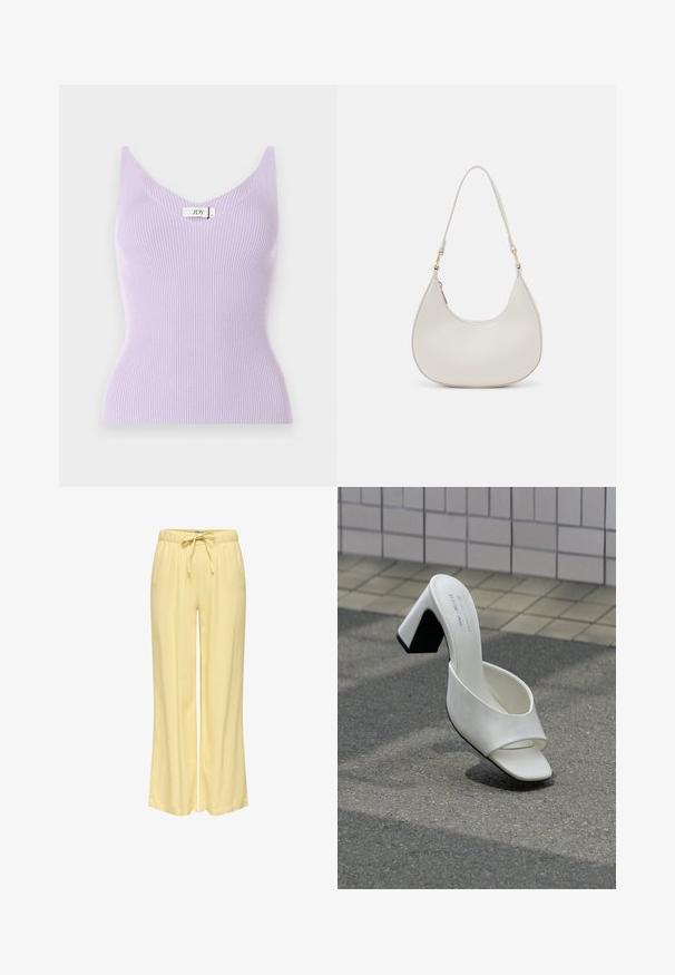 Haut sans manches lilas à côtes avec un col en V et une coupe ajustée. Le matériau semble doux avec des détails de texture verticale. Étiquette de marque visible.; Pantalon femme ample jaune pastel avec taille élastique et cordon à l'avant, en tissu léger.; Une mule blanche à bout ouvert avec talon bloc posée sur un bitume gris devant un mur carrelé.; Sac épaule en cuir crème en forme de croissant, avec une fine sangle et des détails de coutures subtils. Design minimaliste avec des accents en métal doré.