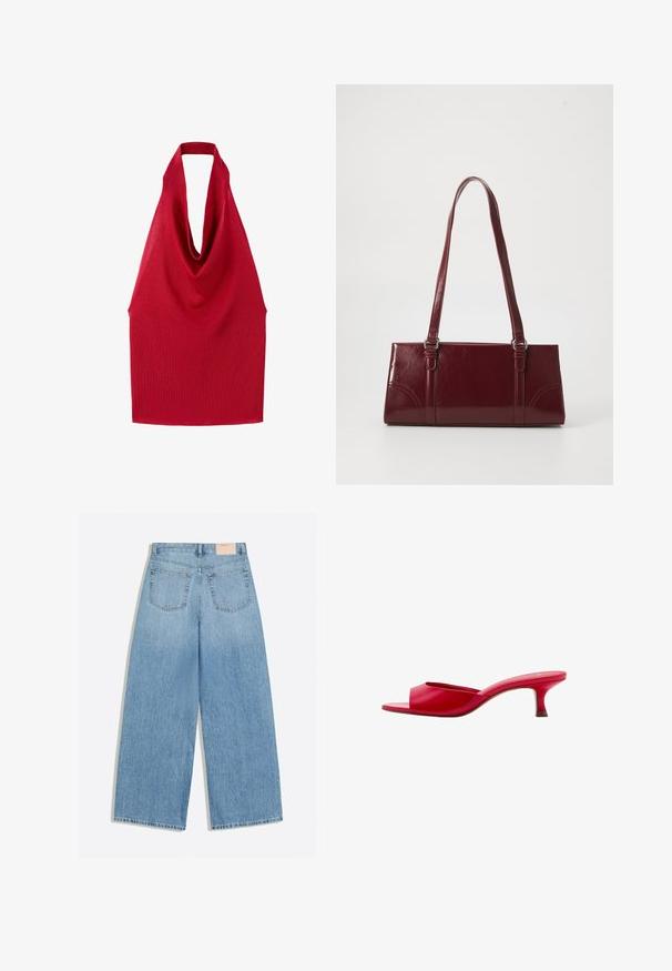 Top roșu tricotat fără mâneci, cu decolteu adânc drapat și spate stil halter.; Blugi din denim albastru deschis, cu picior larg, două buzunare în spate și o mică etichetă bej a brandului pe talie.; Pantof roșu tip mule cu vârf deschis, toc mic kitten și finisaj neted, prezentat din lateral pe un fundal alb.; Geantă burgundy din material lucios, de formă rectangulară, cu două mânere pentru umăr și accente curbate subtile pe față.