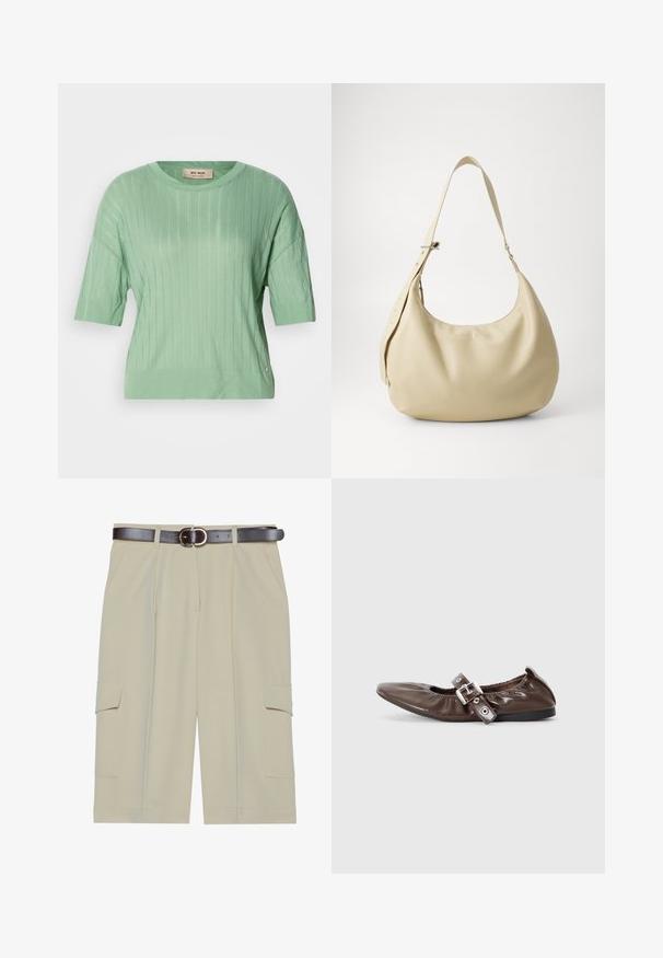 Suéter de manga corta verde menta con textura acanalada, cuello redondo y un ajuste ligeramente holgado. Presenta un pequeño logo en el lateral.; Pantalones cortos cargo beige con un corte relajado, que presentan dos bolsillos laterales y un cinturón marrón con una hebilla redonda, textura de tela suave.; Zapato plano de charol marrón con puntera puntiaguda, detalle de lazo elástico y un acento de hebilla plateada en el costado. Suela de goma negra.; Bolso de hombro de cuero beige con forma curva, correa ajustable y detalle de logo en relieve, que presenta una textura suave y un diseño minimalista.