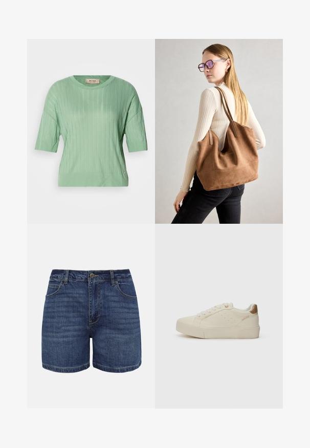 Mintgrüner Kurzarm-Pullover mit geripptem Muster, rundem Ausschnitt und leicht lockerer Passform. Ziert ein kleines Logo-Accente an der Seite.; Dunkelblaue Jeansshorts mit vorderer Knopfleiste, Reißverschluss, Gürtelschlaufen und vorderen Taschen, dargestellt vor weißem Hintergrund.; Cremfarbene Sneakers mit einer flachen, strukturierten Sohle, runder Zehenpartie und dünnen Schnürsenkeln; verfügen über minimale Perforationen und einen hellbraunen Akzent an der Ferse.; Braune Wildleder-Tasche mit weicher Textur, großer Öffnung und langen Trägern. Sie verfügt über ein simples Design mit sichtbarem Stich und ohne Beschläge.