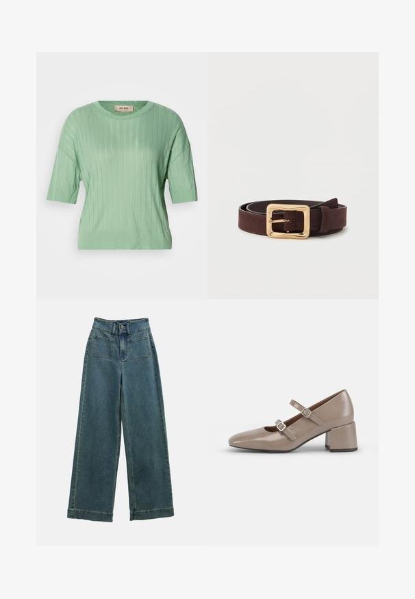 Mintgrüner Kurzarm-Pullover mit geripptem Muster, rundem Ausschnitt und leicht lockerer Passform. Ziert ein kleines Logo-Accente an der Seite.; Weite Jeanshose in verblasstem Blau mit hoher Taille, zwei Fronttaschen und klassischem Knopfverschluss. Der Stoff hat eine weiche, glatte Textur.; Beige Lackleder-Mary-Jane-Schuh mit spitzem Zehenbereich, zwei verstellbaren Riemen und einem klobigen, quadratischen Absatz. Glatte Textur und minimale Hardware.; Dunkelbrauner Lederarmband mit einer breiten goldenen quadratischen Schnalle, flach auf einer weißen Oberfläche gewickelt.