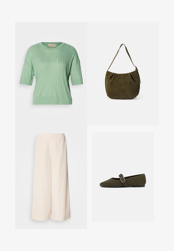 Suéter de manga corta verde menta con textura acanalada, cuello redondo y un ajuste ligeramente holgado. Presenta un pequeño logo en el lateral.; Pantalones anchos de crema con cintura elástica, que presentan un ajuste relajado y una textura suave, ideales para uso casual.; Zapato plano Mary Jane de ante verde oliva con hebilla de plata y punta redondeada, mostrado sobre un fondo blanco.; Bolso de hombro de ante verde oliva con una correa, detalle de costura central y cremallera lateral, sobre un fondo claro liso.