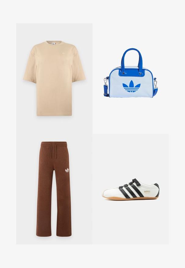 Beiges übergroßes T-Shirt mit kurzen Ärmeln, Rundhalsausschnitt und kleinem weißen Adidas-Trefoil-Logo auf der oberen linken Brust.; Braune Sweatpants aus weichem Stoff mit lockerem Schnitt, ausgestattet mit einem elastischen Bund, einem Kordelzug und einem weißen Logo am linken Oberschenkel.; Weißer Adidas-Tokyo-Sneaker mit schwarzen Streifen, schwarzen Klettverschlüssen und Gummisohle, seitlich auf weißem Hintergrund dargestellt.; Blaue und weiße Handtasche mit glänzendem Finish, ausgestattet mit zwei blauen Griffen, einem abnehmbaren Schulterriemen und einem auffälligen blauen Logo auf der Vorderseite.