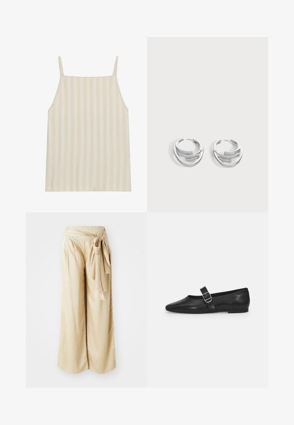 Camiseta sin mangas de color beige claro con un patrón de rayas verticales, tirantes finos y ajustables, y un corte relajado. Textura suave con un ligero brillo.; Pantalones de pierna ancha en suave tejido beige, con una cintura envolvente y un detalle de lazo. Textura suave con un diseño fluido.; Zapato plano de cuero negro con punta redondeada, una sola correa ajustable con hebilla y una textura suave y brillante. Diseño minimalista con un tacón bajo.; Par de pendientes de aro plateados pulidos con diseño de barra curva en capas sobre un fondo claro y liso.