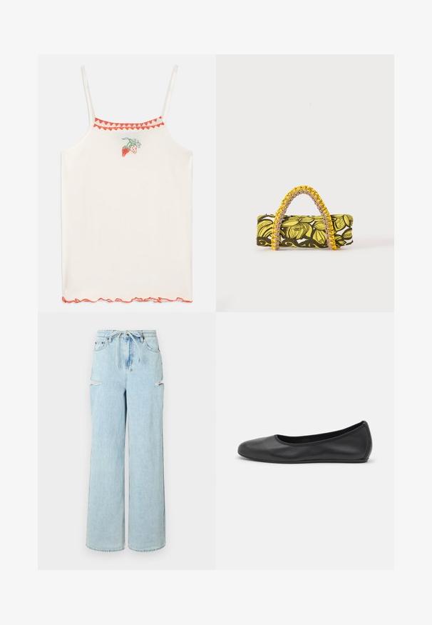 Witte camisole met dunne bandjes, versierd met rode geborduurde aardbeien en een gegolfde rode rand langs de halslijn en de zoom.; Lichtblauwe denim wijde pijpen jeans met een trekkoord in de taille, featuring twee scheuren op de knieën en een nette zoom. Zachte textuur met een relaxte pasvorm.; Zwarte leren ballerina met een ronde neus, gladde textuur, minimale stikdetails en een flexibele zoolontwerp.; Rechthoekige tas met geel-zwart bloemenpatroon en gevlochten geel-roze handvat op witte achtergrond.