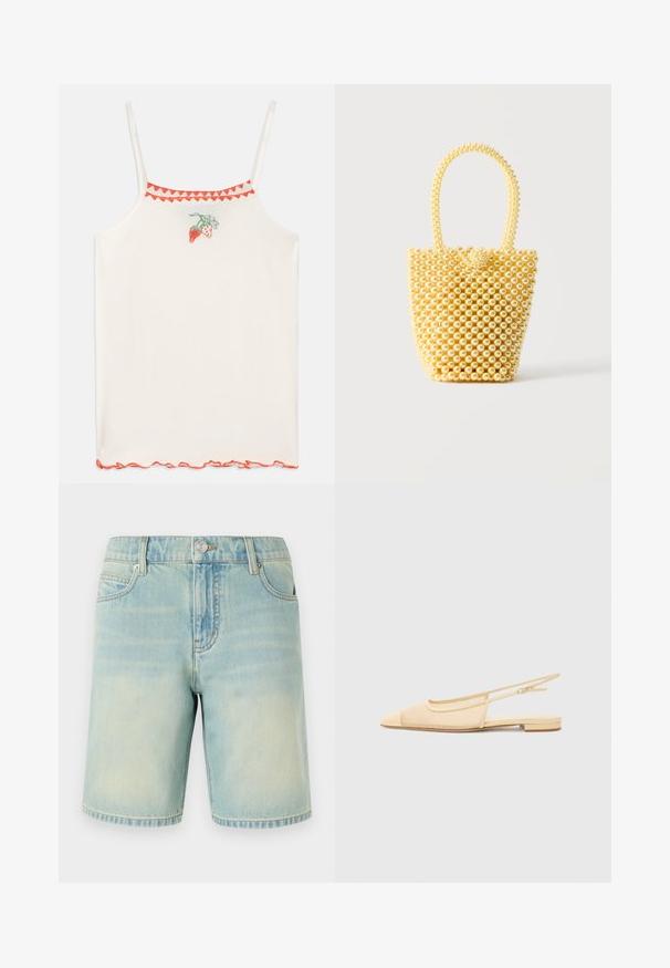 Weiße Spaghettiträger-Bluse mit roten gestickten Erdbeeren und einem gewellten roten Saum am Ausschnitt und am Bund.; Hellblaue Denim-Shorts mit einem verblassten Finish, ausgestattet mit einem Fünf-Taschen-Design, sichtbaren Nähten und einem Metallknopfverschluss am Bund.; Slingback-Ballerina in hellbeige mit einem Netz-Obermaterial, spitz zulaufender Zehenpartie und niedrigem Absatz. Verfügt über einen verstellbaren Riemen für eine optimale Passform.; Kleine Beuteltasche aus glänzenden cremefarbenen Perlen mit einem Schlaufenhenkel aus Perlen und dekorativem Perlenknoten als Verschluss.