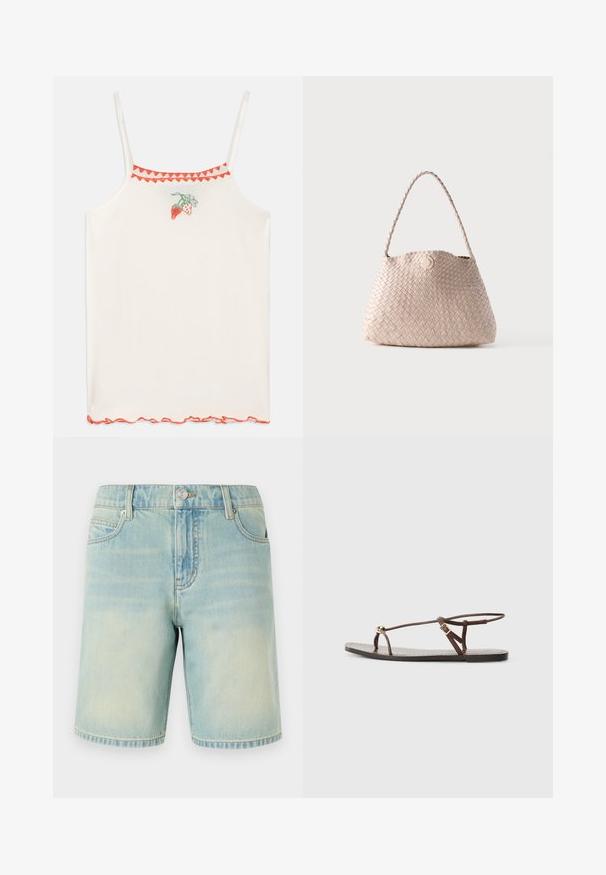 Débardeur blanc à fines bretelles, orné de fraises rouges brodées et d'une bordure rouge festonnée le long de l'encolure et de l'ourlet.; Shorts en denim bleu clair avec une finition délavée, dotés d'un design à cinq poches, de coutures visibles et d'une fermeture à bouton métallique à la taille.; Sandale en cuir marron avec des fines lanières, un accent circulaire doré et une semelle plate. Design minimaliste avec un détail de boucle réglable.; Sac d'épaule en cuir tissé beige avec une forme arrondie et une anse tressée, doté d'une petite fermeture à bouton en cuir circulaire.
