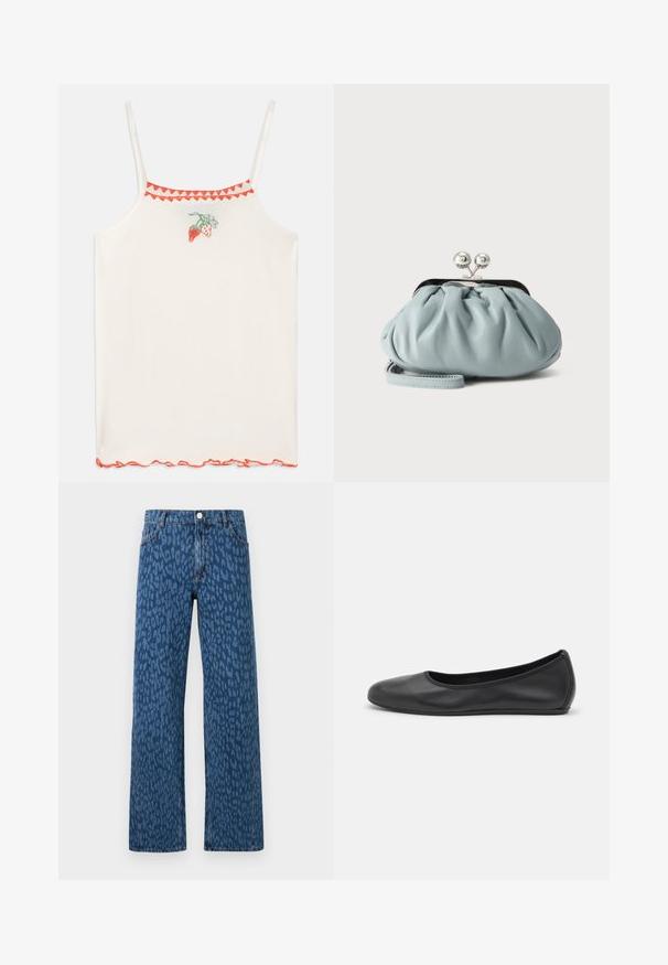Witte camisole met dunne bandjes, versierd met rode geborduurde aardbeien en een gegolfde rode rand langs de halslijn en de zoom.; Wijde pijpen jeans in een donkerblauwe denim, met een luipaardprint, voorkruiken en een klassieke knoopsluiting.; Zwarte leren ballerina met een ronde neus, gladde textuur, minimale stikdetails en een flexibele zoolontwerp.; Kleine lichtblauwe leren muntenportemonnee met zilverkleurige metalen kiss-lock sluiting en kort polsbandje op een effen achtergrond.