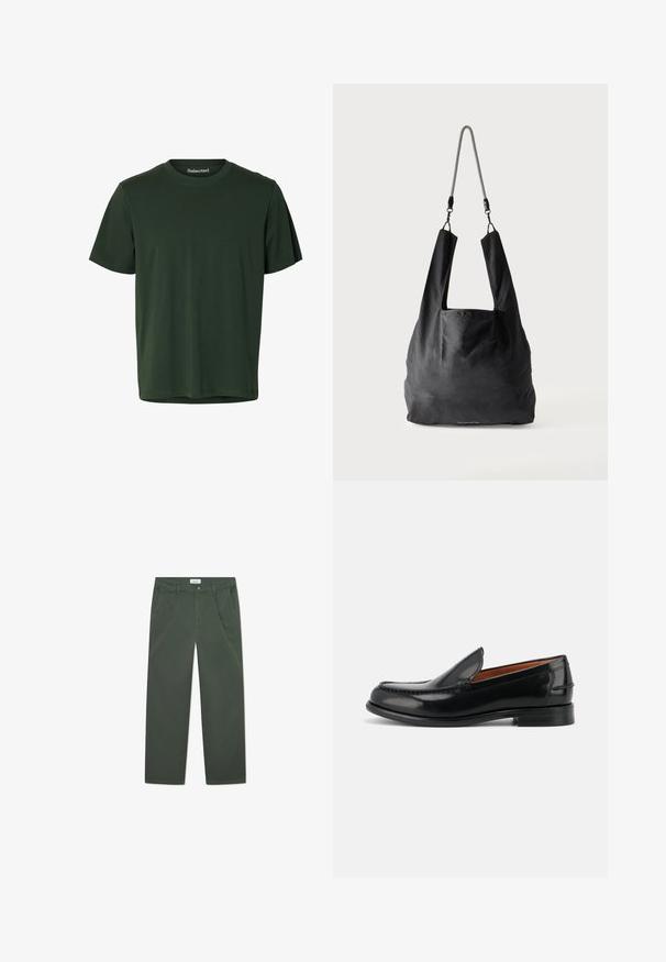 Camiseta verde oscuro de manga corta con cuello redondo, confeccionada en tejido liso con un dobladillo recto.; Pantalones de algodón verde oscuro con un diseño de pierna recta, bolsillos frontales y cierre de botón en la cintura. Textura suave, sin patrones.; Mocasín negro de cuero pulido, tipo slip-on, con tacón bajo y detalles cosidos a lo largo de la puntera y los costados, mostrado de lado.; Bolsa de mano de tela negra suave con asas anchas y una delgada correa de hombro trenzada en negro y blanco.