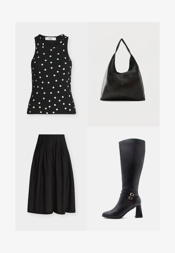 Zwart mouwloos geribd tanktopje met witte polkadots en een ronde hals van het merk Mads Nørgaard.; Zwarte midirok met een hoge, brede geplooide tailleband en vloeiende, geplooide stof onder de taille.; Zwarte leren laars tot aan de knie met een spitse neus, twee decoratieve banden met gouden gespen en een stevige, gestructureerde hak.; Zwarte schoudertas van glad leer met een brede, enkele band en een nonchalant, minimalistisch ontwerp tegen een effen achtergrond.