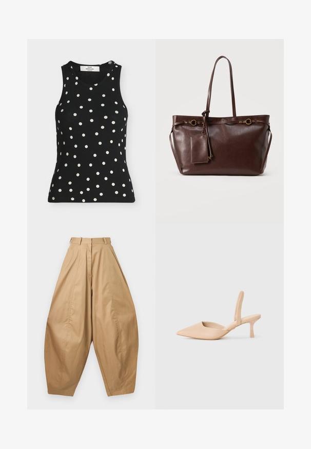 Débardeur noir côtelé sans manches à pois blancs avec col rond de la marque Mads Nørgaard.; Pantalons beiges taille haute, jambes larges avec des plis, passants de ceinture et ourlets fuselés, présentés sur un fond blanc.; Chausson slingback beige à bout pointu avec un petit talon carré. Matériau synthétique lisse, côtés ouverts et détails de design minimalistes.; Sac cabas en cuir marron foncé avec deux longues anses, anneaux décoratifs en or, et pochette rectangulaire attachée avec fermeture éclair.
